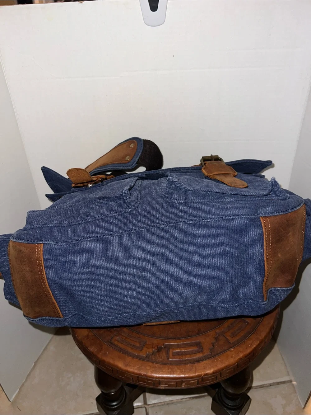 Large Navy Canvas Messenger Bag with Brown Leather Trim by Kattee